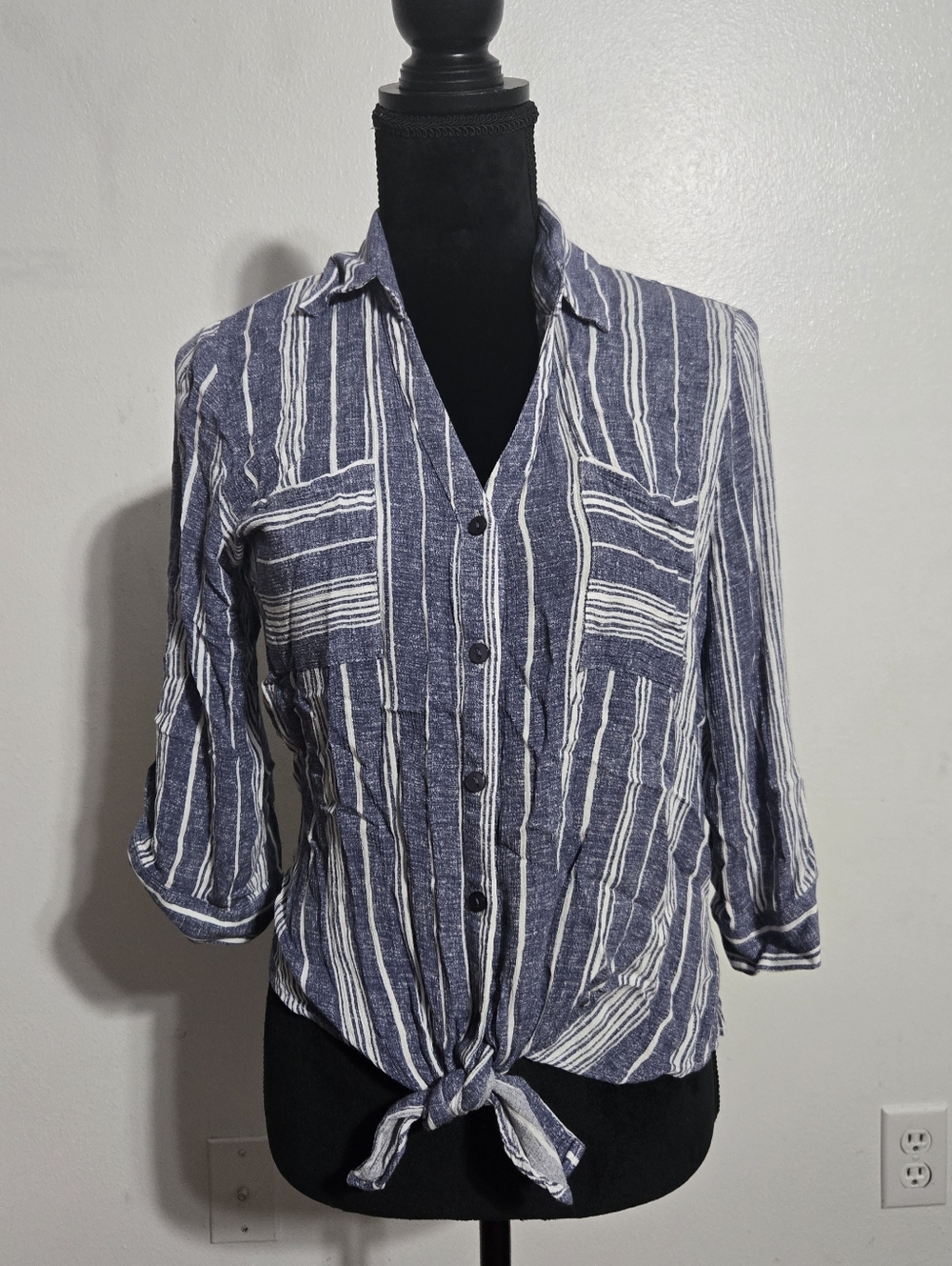 Striped Navy & White Tie-Front Button-Up Blouse